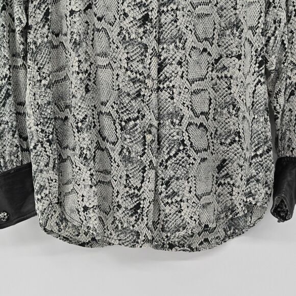 Vtg CACHE Top Womens Sz M Black Snakeskin Print Silk Faux Leather Button Up 90s - Picture 3 of 13